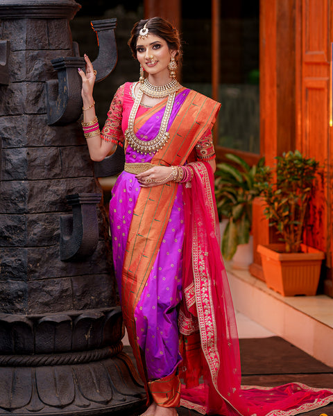 Purple Triple Munia Paithani Silk Saree