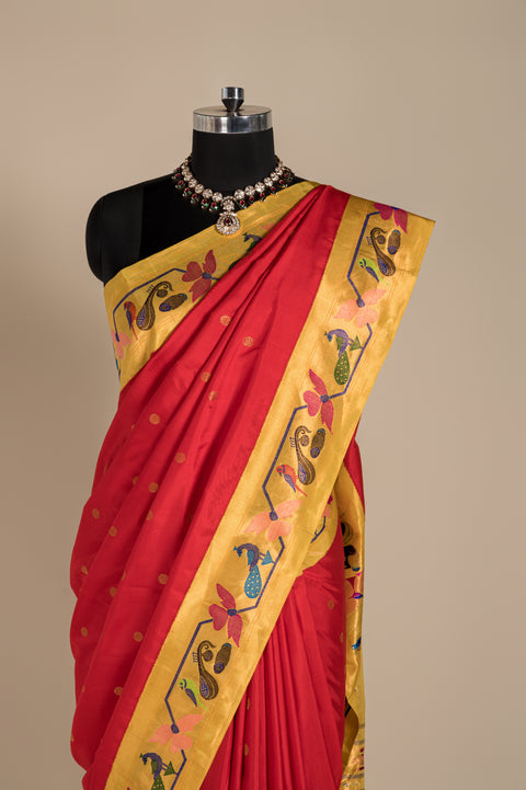 Tomato Red & Dark Peach Pure Silk Paithani Saree with Yellow Border