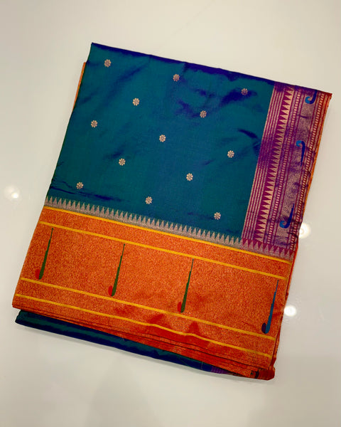 Prussian Blue Dual Shade Pure Silk Single Muniya Paithani