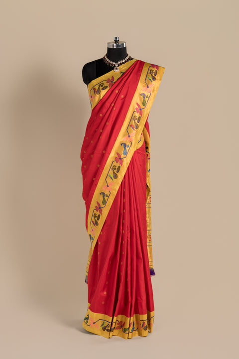 Tomato Red & Dark Peach Pure Silk Paithani Saree with Yellow Border
