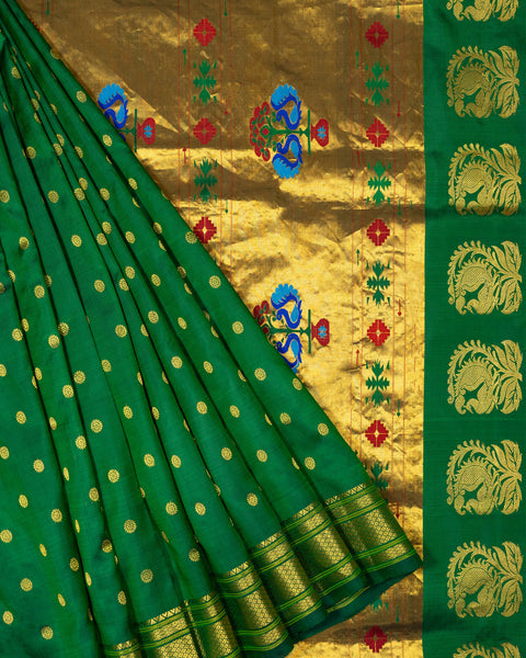 Bottle Green Silk Paithani Saree with Zari Border and Traditional Pallu