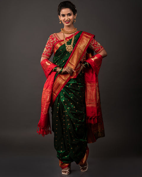 Bottle Green Pure Silk Paithani with Contrast border