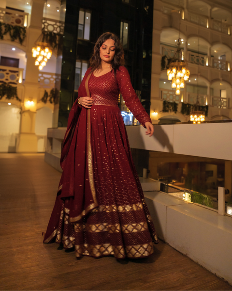 Berry Red Anarkali Suit featuring Sneha Lulla
