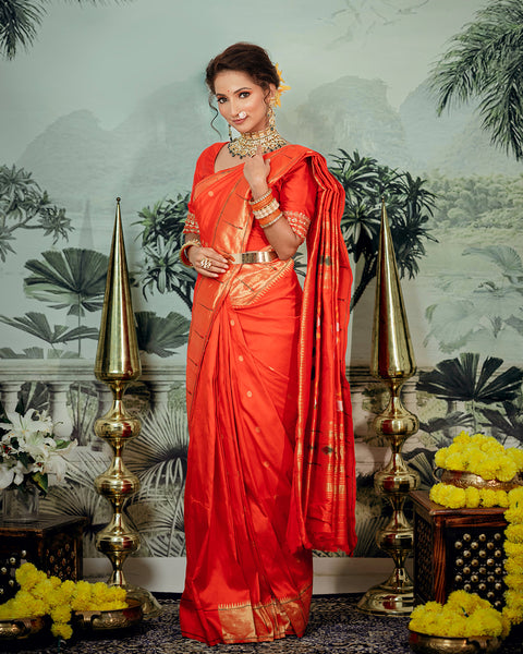 Orange Pure Silk Munia Paithani