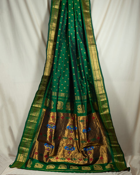 Bottle Green Silk Paithani Saree with Zari Border and Traditional Pallu