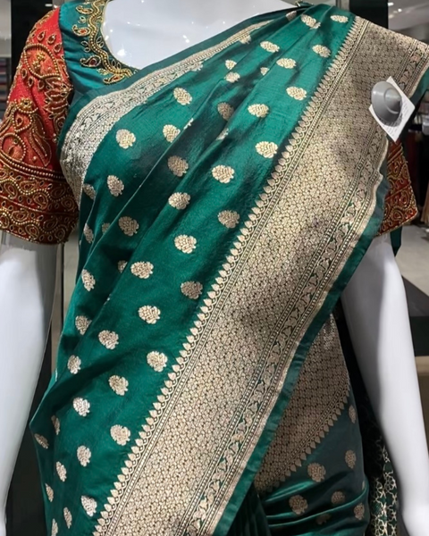 Bottle Green Banarasi Silk Saree with Golden Zari Work