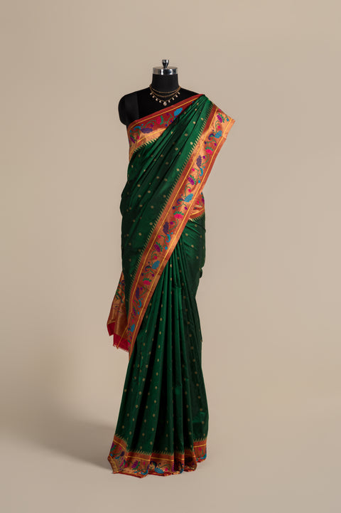 Bottle Green Handwoven Silk Saree with Lotus & Peacock Border