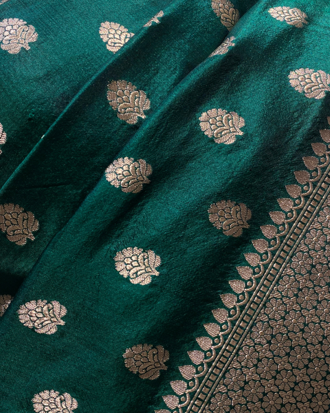 Bottle Green Banarasi Silk Saree with Golden Zari Work