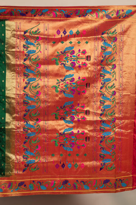 Bottle Green Handwoven Silk Saree with Lotus & Peacock Border