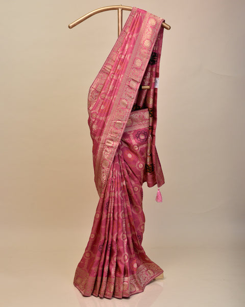Onion Pink Dola Silk Saree with Golden Silver Zari Work
