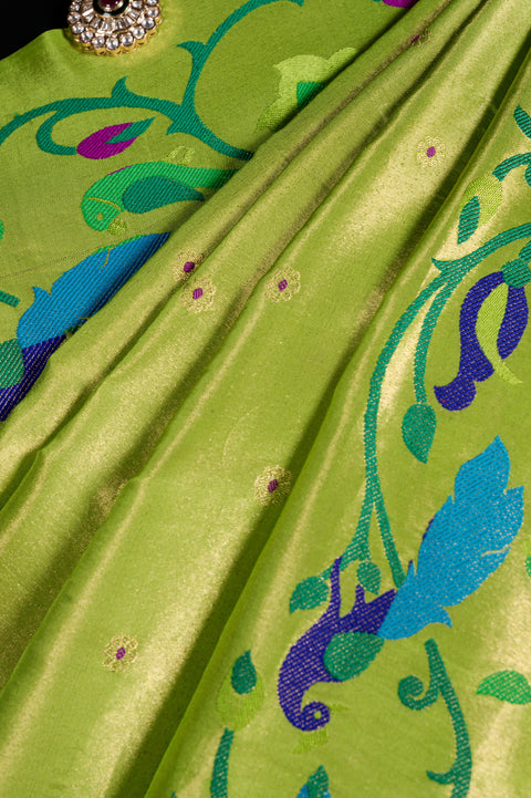 Parrot Green Shahi Paithani Handwoven Pure Silk Saree