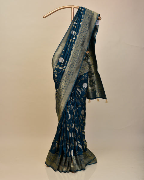Teal Green Dola Silk Saree with Golden Silver Zari Work