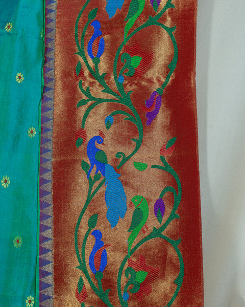 Aqua Blue Silk Paithani Saree with Lotus &amp; Peacock Border