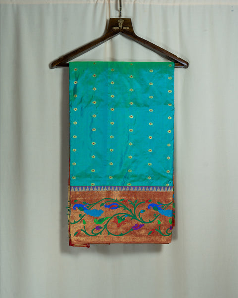 Aqua Blue Silk Paithani Saree with Lotus &amp; Peacock Border