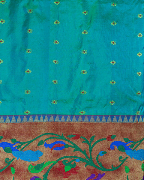 Aqua Blue Silk Paithani Saree with Lotus &amp; Peacock Border