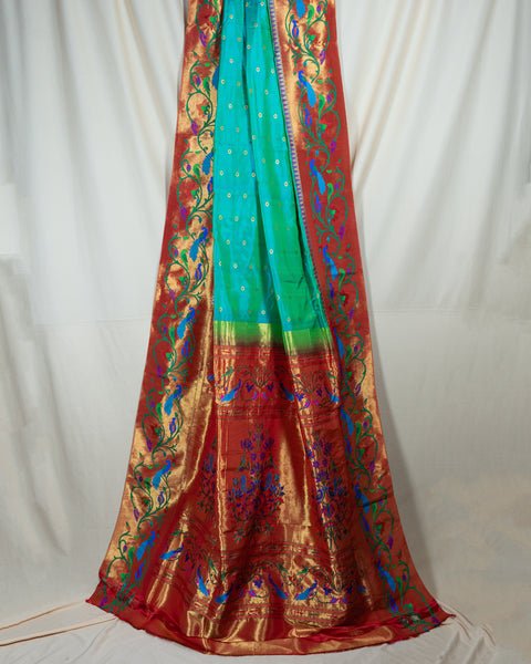 Aqua Blue Silk Paithani Saree with Lotus &amp; Peacock Border