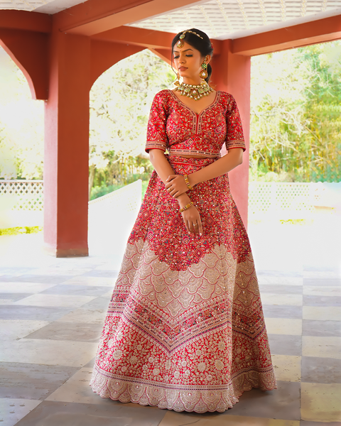 Regal Red Embroidered Bridal Lehenga – A Timeless Masterpiece