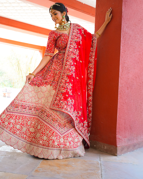 Regal Red Embroidered Bridal Lehenga – A Timeless Masterpiece
