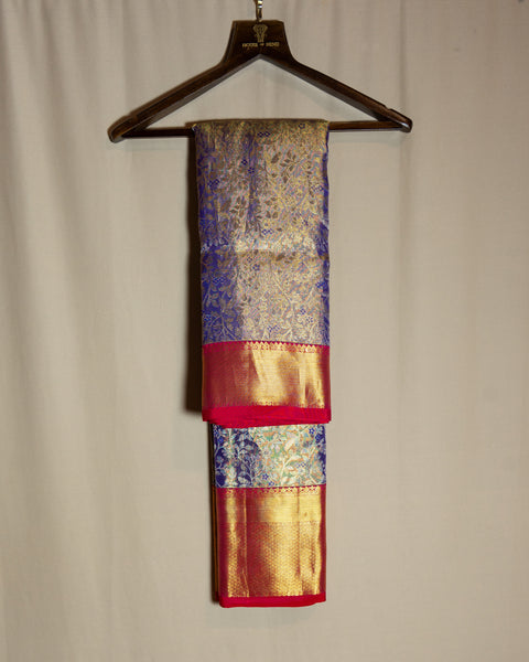 Royal Blue Tissue Kanjeevaram Saree with Red and Golden Zari Border