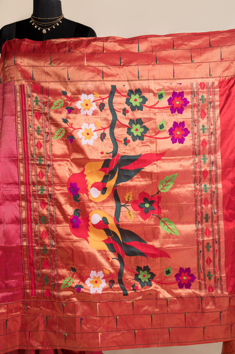 Pink Lining Triple Muniya Pure Silk Handwoven Saree