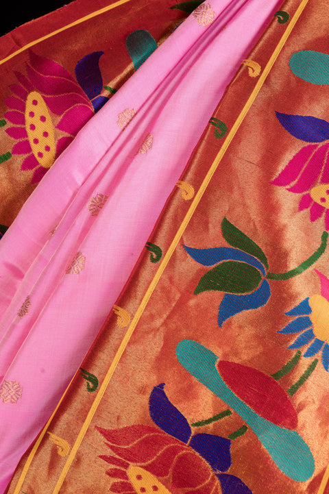 Baby Pink Handwoven Paithani Pure Silk Saree with Lotus Border
