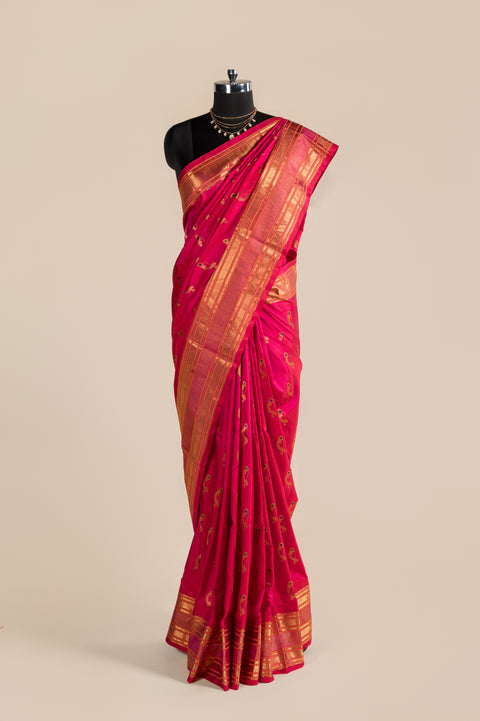 Rani Pink Nath Handwoven Paithani Saree with Nath Butta Border