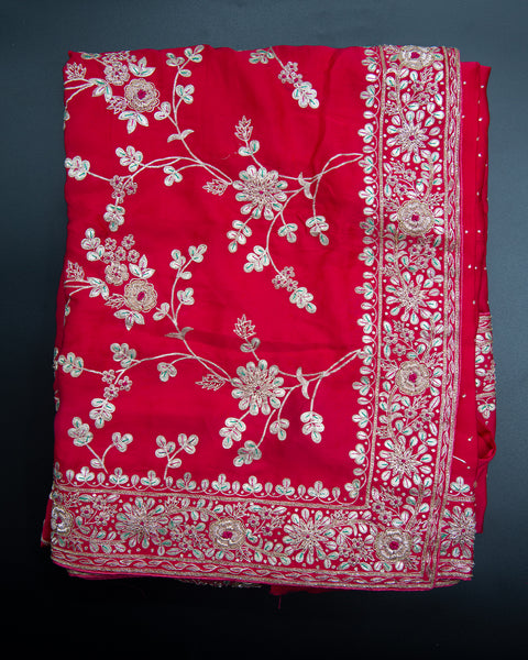 Bright Red Designer satin Saree
