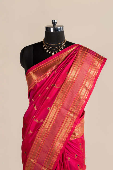 Rani Pink Nath Handwoven Paithani Saree with Nath Butta Border