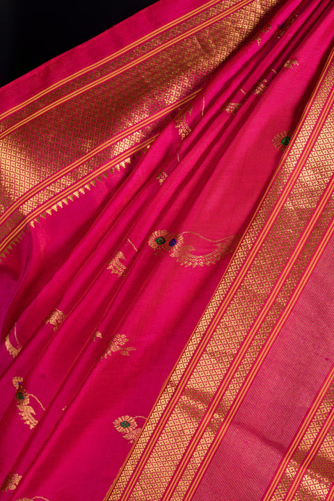 Rani Pink Nath Handwoven Paithani Saree with Nath Butta Border