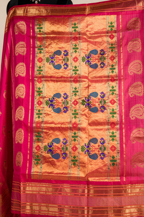 Rani Pink Nath Handwoven Paithani Saree with Nath Butta Border
