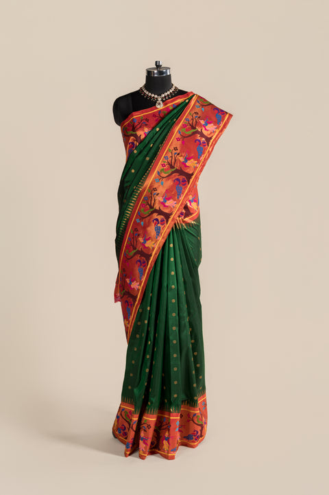 Radha Krishna Bottle Green Handwoven Paithani Saree with Butta