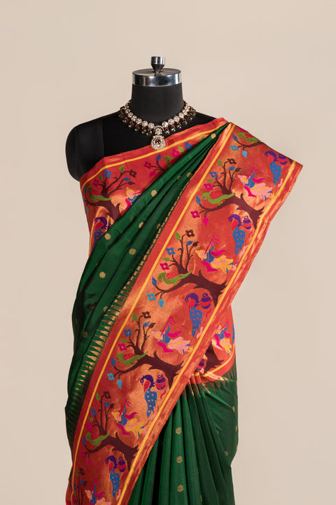 Radha Krishna Bottle Green Handwoven Paithani Saree with Butta