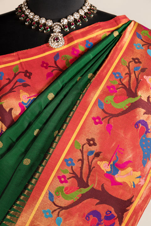 Radha Krishna Bottle Green Handwoven Paithani Saree with Butta