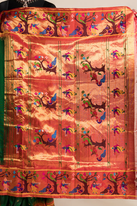 Radha Krishna Bottle Green Handwoven Paithani Saree with Butta