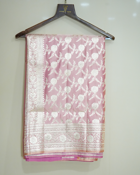 Pastel Pink Banarasi Upada Pure Silk Saree with Silver Zaal Weaving