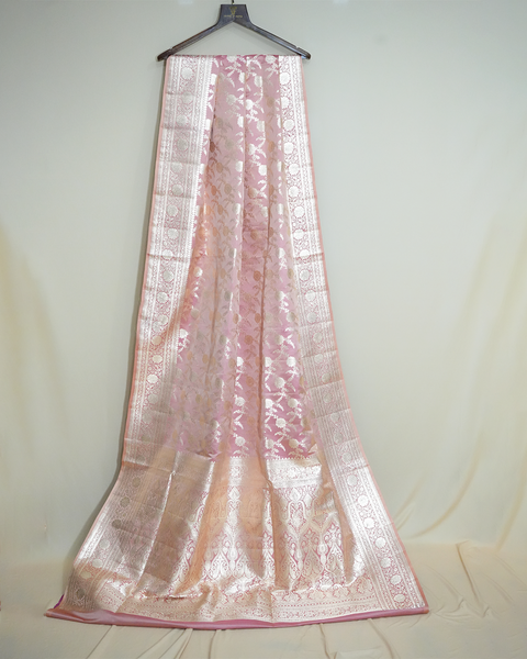 Pastel Pink Banarasi Upada Pure Silk Saree with Silver Zaal Weaving