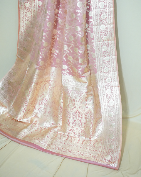 Pastel Pink Banarasi Upada Pure Silk Saree with Silver Zaal Weaving