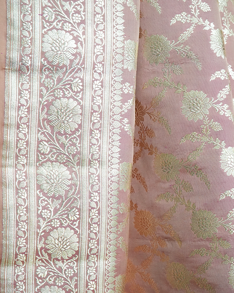 Pastel Pink Banarasi Upada Pure Silk Saree with Silver Zaal Weaving