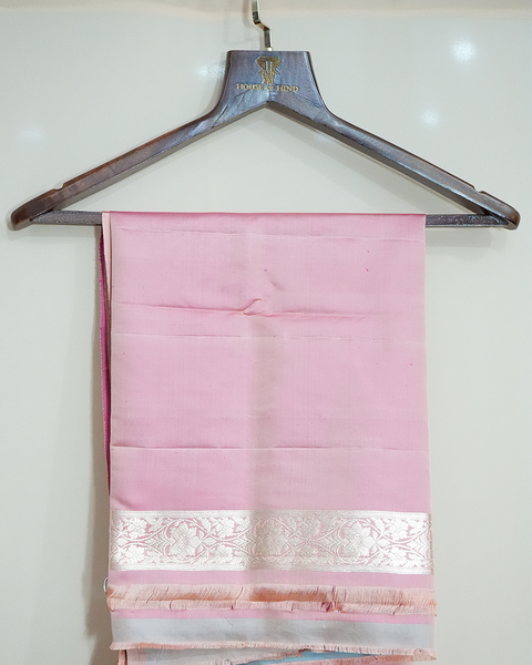 Pastel Pink Banarasi Upada Pure Silk Saree with Silver Zaal Weaving