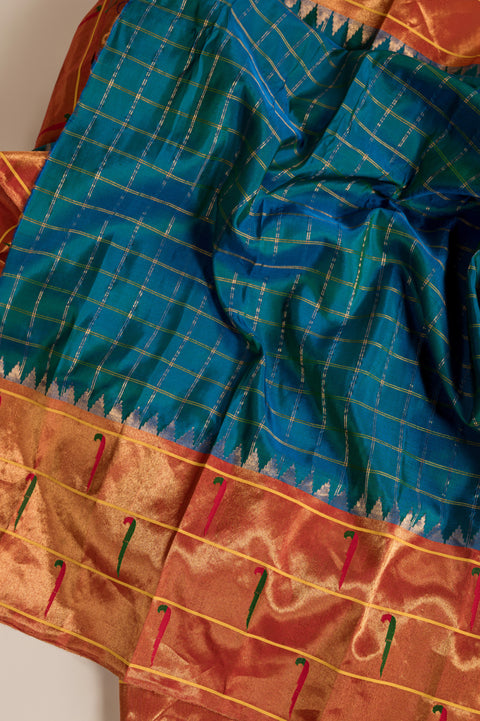 Chintamani Teal Checks Handwoven Paithani Saree with Muniya Border