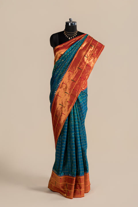Chintamani Teal Checks Handwoven Paithani Saree with Muniya Border