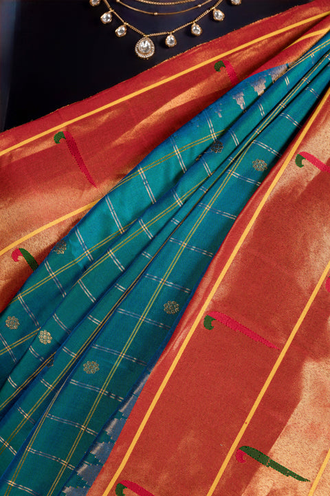 Chintamani Teal Checks Handwoven Paithani Saree with Muniya Border