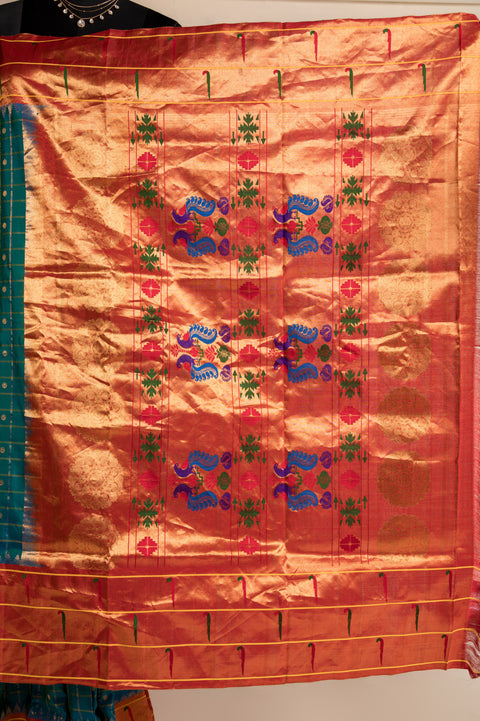 Chintamani Teal Checks Handwoven Paithani Saree with Muniya Border