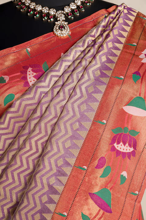 Lavender Tissue Handwoven Paithani Saree with Lotus Zari Border