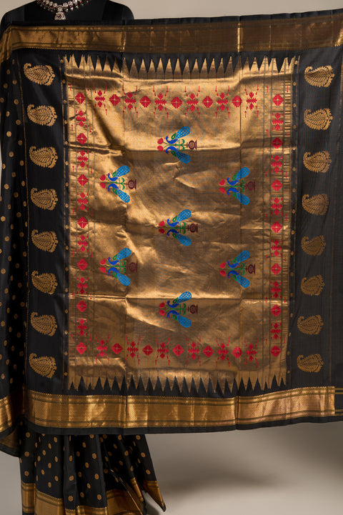 Kalanjali Black Pure Silk Paithani Saree with Rudraksh Butta Border
