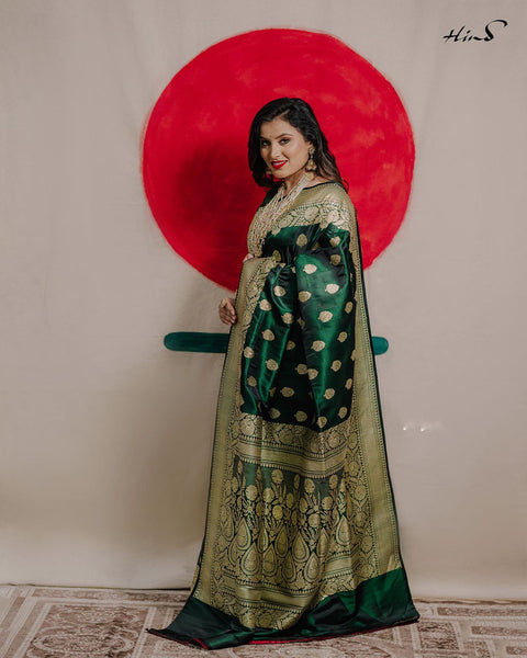 Dark Green Banarasi Pure Silk Saree with Golden Zari Butta