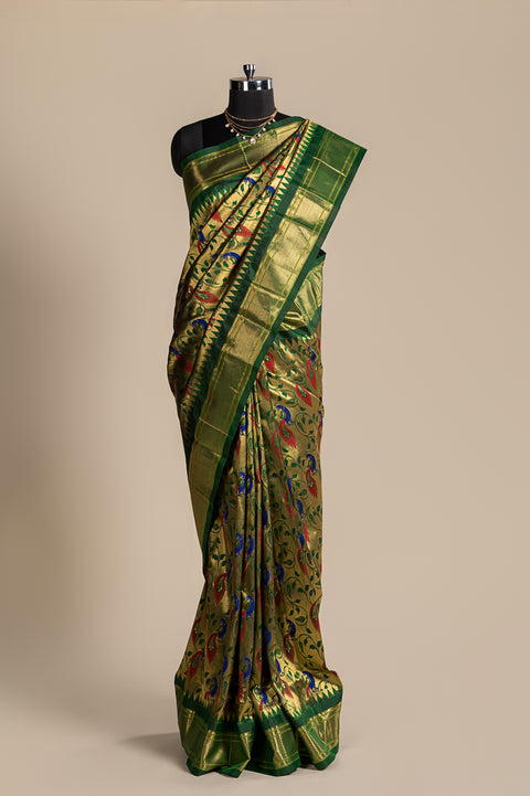 Bottle Green Brocade Handwoven Paithani Saree with Chatai Border