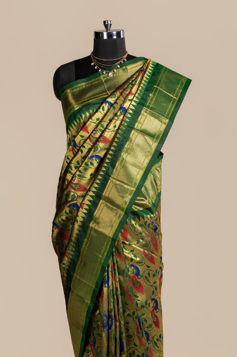 Bottle Green Brocade Handwoven Paithani Saree with Chatai Border