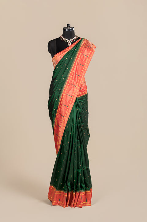 Bottle Green Single Muniya Handwoven Paithani Saree with Butta