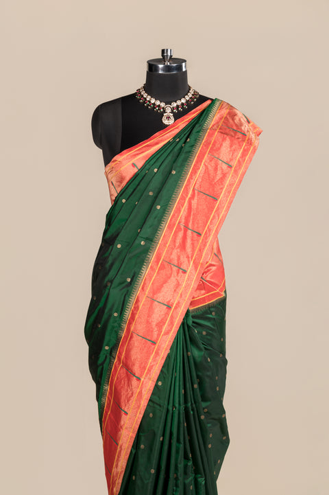 Bottle Green Single Muniya Handwoven Paithani Saree with Butta